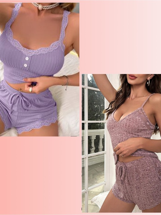 SHEIN Other - Lace-Trim Ribbed Cami & Shorts Sleep Sets|Lavender/Rose Size Small